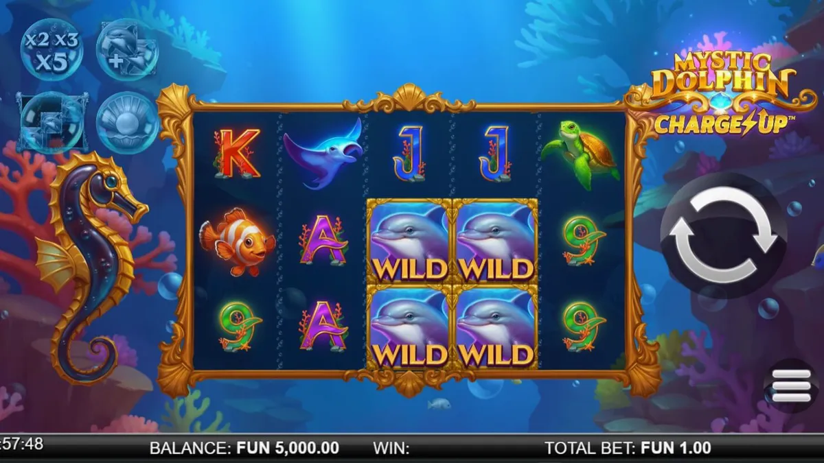 Interface subaquática do slot Mystic Dolphin Charge Up com golfinhos e recifes de corais