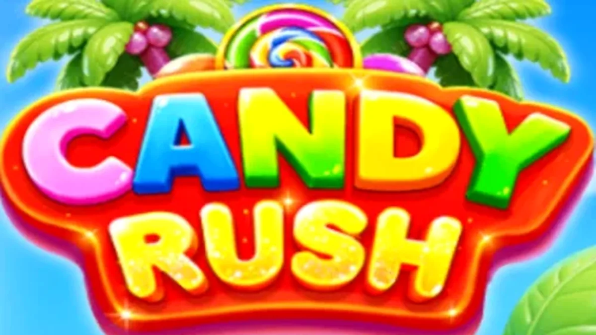 Interface colorida e vibrante do slot Candy Rush com doces e grade 7x7