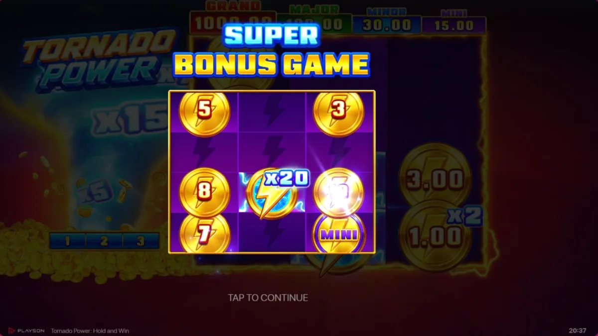 Interface vibrante do jogo Tornado Power: Hold and Win com símbolos de frutas e raios