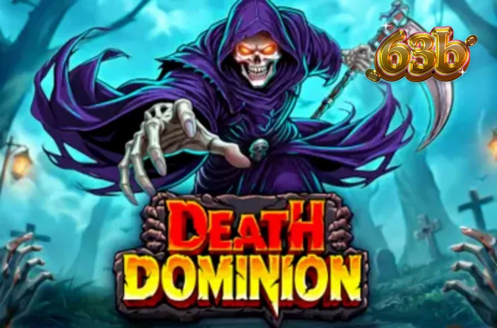 Cenário gótico e sombrio do slot Death Dominion com o Ceifador ao fundo